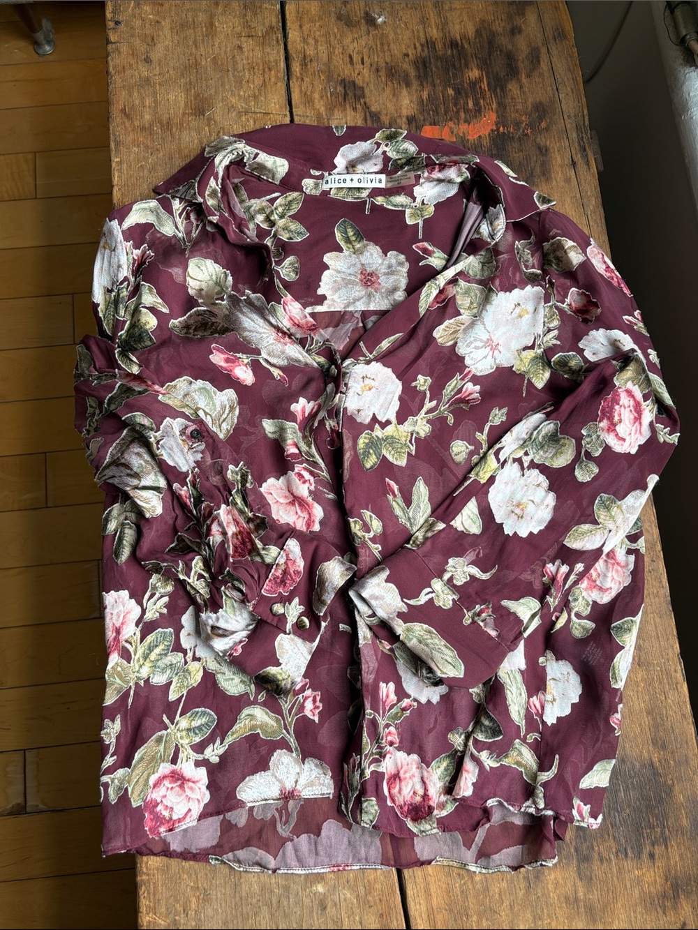 Alice + Olivia Burgundy Floral Button-Front Top